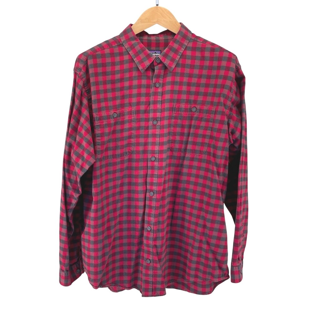 Patagonia Red Grey Plaid Flannel Shirt Long Sleeve Organic Cotton Mens XL